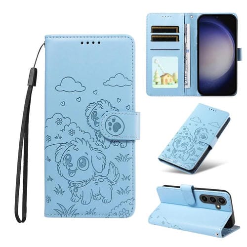 Funda de cuero con bloqueo RFID para Samsung Galaxy S23 FE 5G, diseño de corazón con perro en relieve (azul cielo)