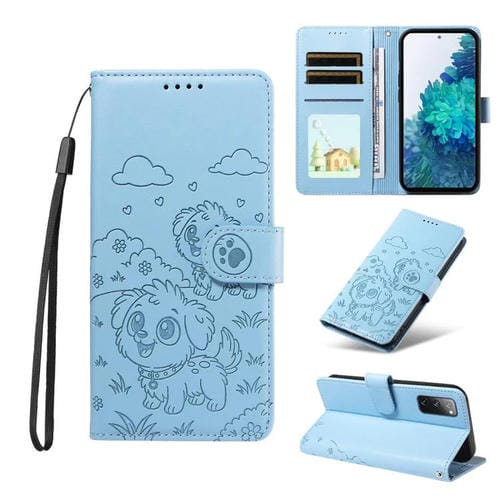 Funda de cuero con bloqueo RFID para Samsung Galaxy S20 FE con diseño de corazón y perro en relieve (azul cielo)