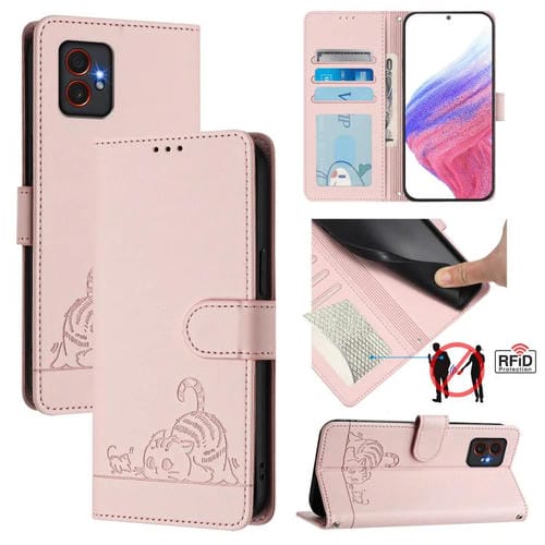 Funda de cuero RFID con estampado de gato y rata en relieve para Samsung Galaxy XCover7 Pro con cordón (rosa)