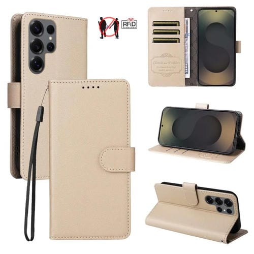 Funda de cuero tipo billetera con textura Litchi y bloqueo RFID para Samsung Galaxy S25 Ultra 5G (beige)
