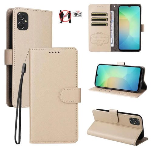 Funda de cuero tipo billetera con bloqueo RFID para Samsung Galaxy A06 4G/5G, textura Litchi, para 3 tarjetas (beige)