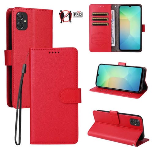 Funda de cuero tipo billetera con bloqueo RFID para Samsung Galaxy A06 4G/5G, textura Litchi, para 3 tarjetas (roja)