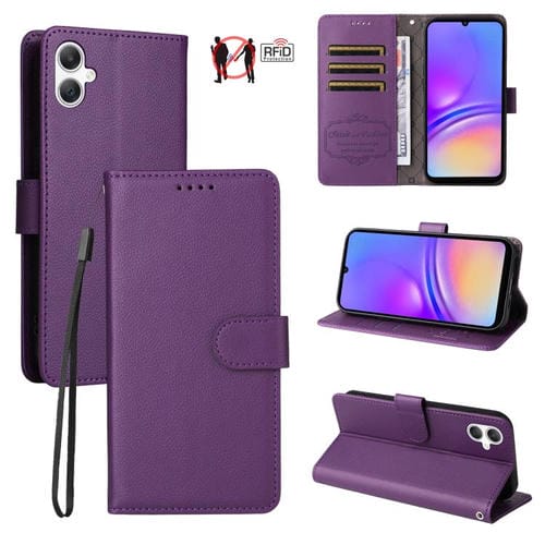 Funda de cuero tipo billetera con bloqueo RFID para Samsung Galaxy A07 4G/5G, textura Litchi, para 3 tarjetas (morado)