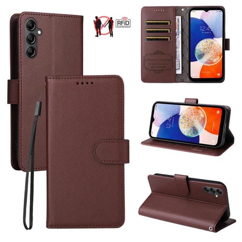 Funda de cuero con textura Litchi para Samsung Galaxy A14 4G/5G, con bloqueo RFID y capacidad para 3 tarjetas (marrón)