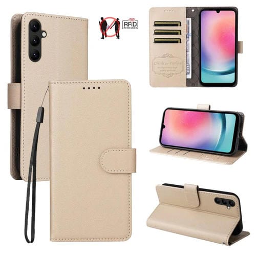 Funda de cuero tipo billetera con bloqueo RFID para Samsung Galaxy A24 4G, textura Litchi, para 3 tarjetas (beige)