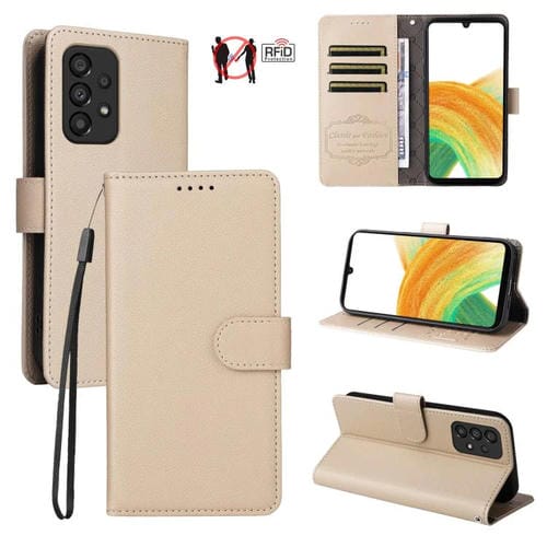 Funda de cuero tipo billetera con bloqueo RFID para Samsung Galaxy A33 5G, textura Litchi, para 3 tarjetas (beige)