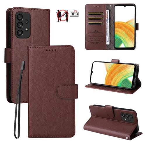 Funda de cuero con textura Litchi para Samsung Galaxy A33 5G, con bloqueo RFID y capacidad para 3 tarjetas (marrón)