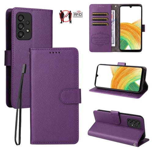 Funda de cuero tipo billetera con bloqueo RFID para Samsung Galaxy A33 5G, textura Litchi, para 3 tarjetas (morado)