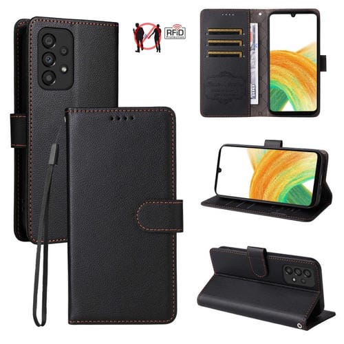 Funda de cuero con textura Litchi para Samsung Galaxy A33 5G, con bloqueo RFID y capacidad para 3 tarjetas (negro)