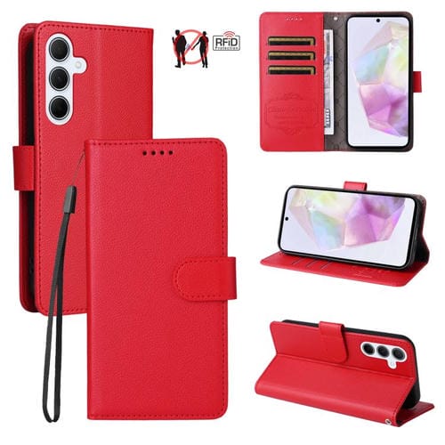 Funda de cuero con textura Litchi para Samsung Galaxy A35 5G, con bloqueo RFID y capacidad para 3 tarjetas (roja)