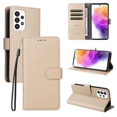 Funda de cuero tipo billetera con bloqueo RFID para Samsung Galaxy A73 5G, textura Litchi, para 3 tarjetas (beige)