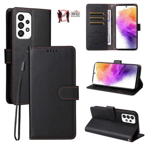 Funda de cuero con textura Litchi para Samsung Galaxy A73 5G, con bloqueo RFID y capacidad para 3 tarjetas (negro)