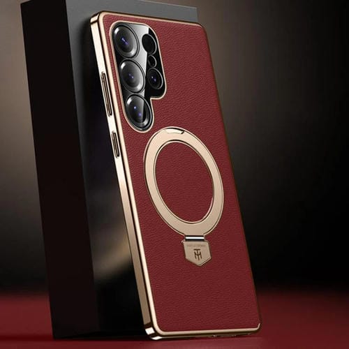 Funda de cuero lisa con soporte MagSafe para Samsung Galaxy S25 Ultra 5G (roja)