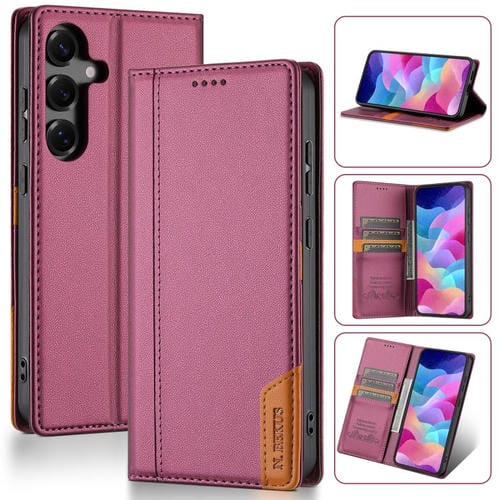 Funda de cuero con tapa magnética y costuras RFID para Samsung Galaxy S24 5G N.BEKUS P3 (rojo vino)