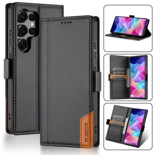 Funda de cuero con tapa magnética y costuras RFID para Samsung Galaxy S23 Ultra 5G N.BEKUS P3 (negro)