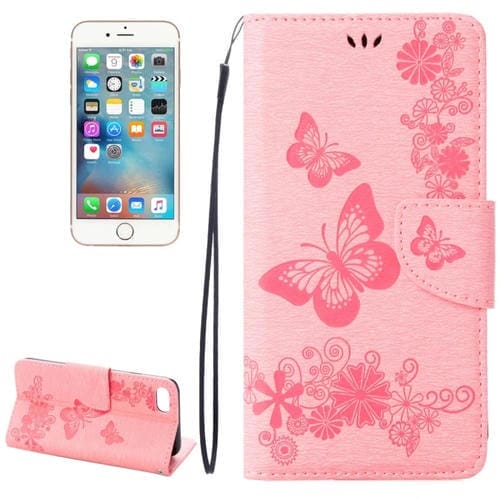 Funda de Cuero para iPhone 8 y 7 con Tapa Horizontal, Diseño Mariposa y Flores, Soporte, Ranuras para Tarjetas y Billetera (Rosa)
