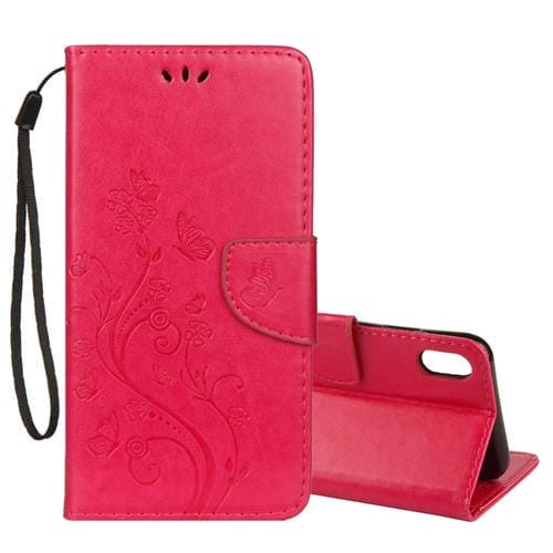 Estuche de Cuero para iPhone Xr con Tapa Horizontal Patrón Mariposa Ranura Tarjeta Soporte Billetera Cordón (Magenta)