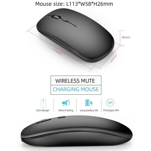Mouse inalámbrico Hxsj M90 2.4Ghz ultradelgado silencioso recargable modo dual Bluetooth para notebook PC (Negro)