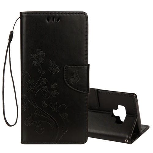 Estuche de cuero con tapa horizontal con patrón de mariposa en relieve con ranura para tarjeta, soporte, billetera y cordón para Galaxy Note9 (negro)