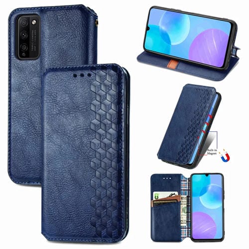 Para Huawei Honor 30 Lite Estuche de cuero PU magnético con rejilla cúbica presionada horizontal con soporte, ranuras para tarjetas y billetera (azul)