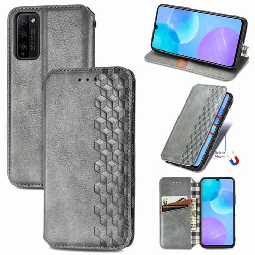 Para Huawei Honor 30 Lite Estuche de cuero PU magnético con rejilla cúbica presionada horizontal con soporte, ranuras para tarjetas y billetera