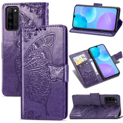 Para Huawei Honor 30 Lite Butterfly Love Flower Funda de cuero con tapa horizontal en relieve con soporte, ranuras para tarjetas, billetera y cordón (morado oscuro)