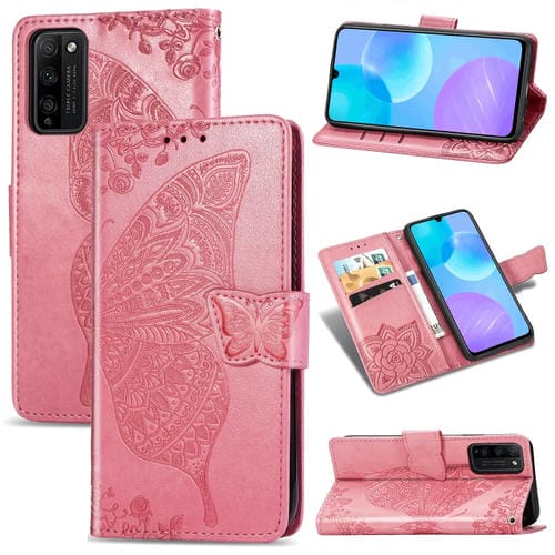 Para Huawei Honor 30 Lite Butterfly Love Flower Funda de cuero con tapa horizontal en relieve con soporte, ranuras para tarjetas, billetera y cordón (rosa)