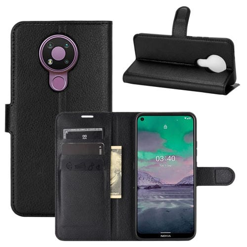 Para Nokia 3.4 Litchi Texture Funda protectora con tapa horizontal con soporte, ranuras para tarjetas y billetera (negro)