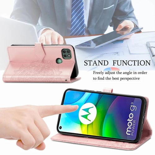 Para Motorola G9 Power Mandala Flower Funda de cuero horizontal en relieve con soporte y tres ranuras para tarjetas y billetera y cordón (oro rosa)