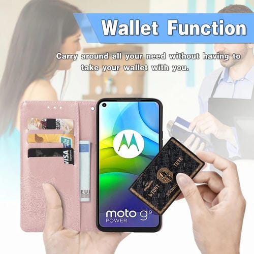 Para Motorola G9 Power Mandala Flower Funda de cuero horizontal en relieve con soporte y tres ranuras para tarjetas y billetera y cordón (oro rosa)