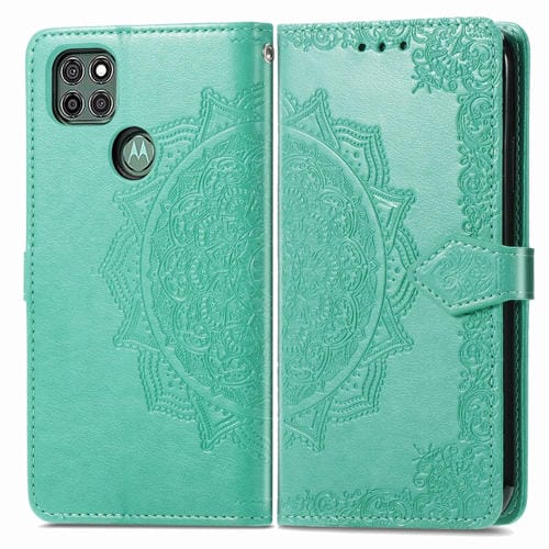 Para Motorola G9 Power Mandala Flower Flower Horizontal Flip Funda de cuero con soporte y tragamonedas de tres tarjetas y billetera y cordón (verde)