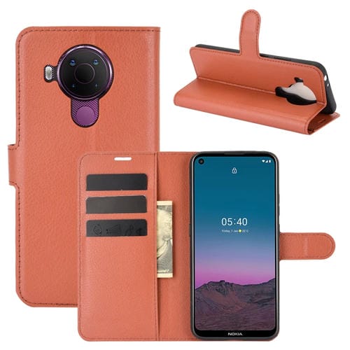 Para Nokia 5.4 Funda protectora con tapa horizontal con textura de litchi con soporte, ranuras para tarjetas y billetera (marrón)