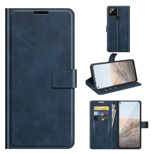 Para Google Pixel 5a Retro Becerro Patrón Hebilla Caja de cuero Horizontal Flip Funda con soporte y ranuras para tarjetas y billetera (azul)