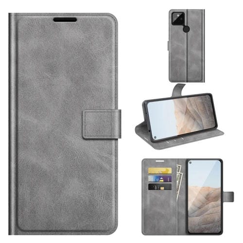 Para Google Pixel 5a Retro Becerro patrón Hebilla Horizontal Flip Funda de cuero con soporte y ranuras para tarjetas y billetera (gris)