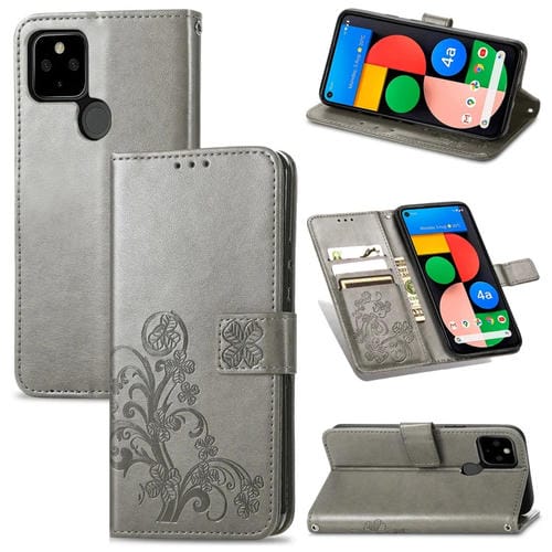 Para Google Pixel 5A Cierre de cuatro hojas con hebilla en relieve Protección de teléfono móvil Funda de cuero con cordón y ranura de tarjetas y función de soporte y soporte (gris)