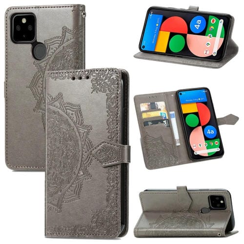 Para Google Pixel 5a Mandala Flower Flower Horizontal Flip Funda de cuero con soporte / ranura para tarjeta / billetera / cordón (gris)