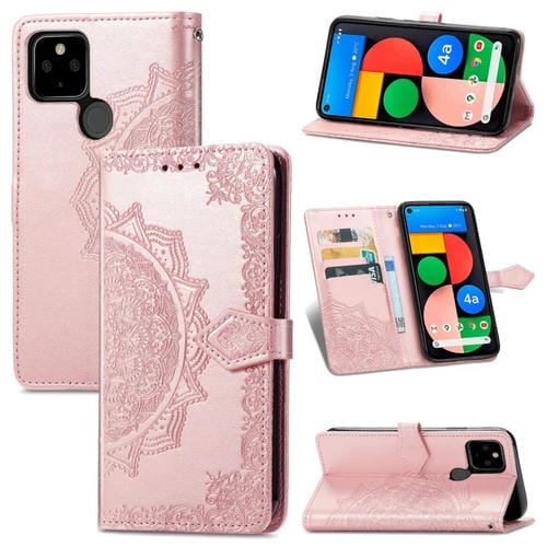 Para Google Pixel 5a Mandala Flower Horizontal Flip Funda de cuero con soporte / ranura para tarjeta / billetera / cordón (oro rosa)