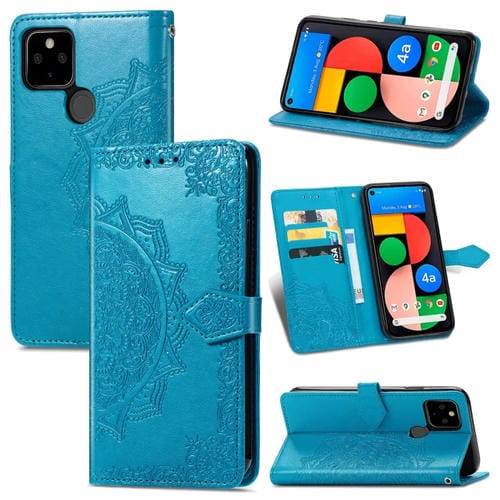 Para Google Pixel 5a Mandala Flower FLIP Horizontal Funda de cuero con soporte / ranura para tarjeta / billetera / cordón (azul)