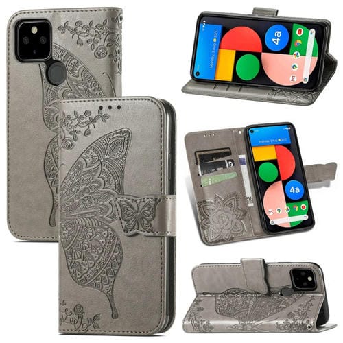 Para Google Pixel 5A Butterfly Love Flower Horizontal Flip Funda de cuero con soporte y ranura para tarjeta y billetera y cordón (gris)