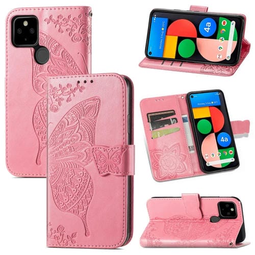 Para Google Pixel 5A Butterfly Love Flowe Horizontal Flip Funda de cuero con soporte y ranura para tarjeta y billetera y cordón (rosa)