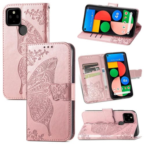 Para Google Pixel 5a, mariposa, amor, estuche de cuero horizontal, funda de cuero con soporte y ranura para tarjeta y billetera y cordón (oro rosa)