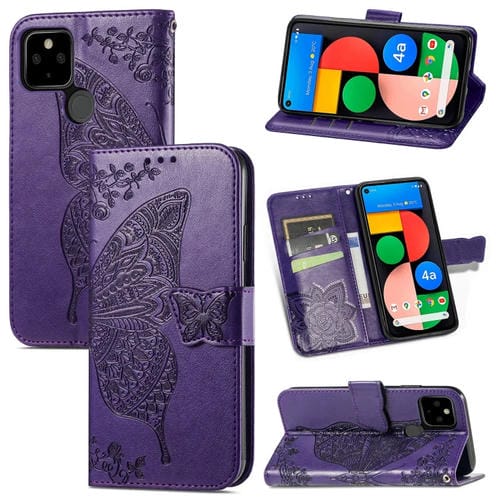 Para Google Pixel 5A Butterfly Love Flowe Horizontal Flip Funda de cuero con Soporte y Tarjeta Slot & Wallet & Lanyard (Dark Purple)