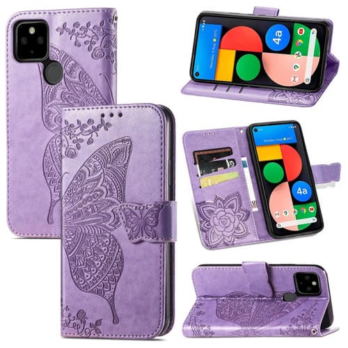Para Google Pixel 5a, mariposa, amor, estuche de cuero horizontal en relieve, soporte y ranura para tarjeta y billetera y cordón (púrpura claro)