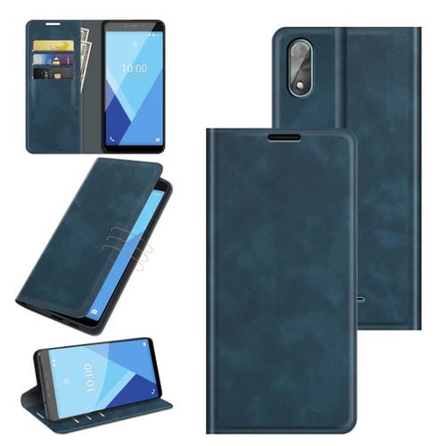 Para Wiko Y51 Funda de cuero de succión magnética de negocios de la piel retro-piel con soporte y ranuras para tarjetas y billetera (azul oscuro)