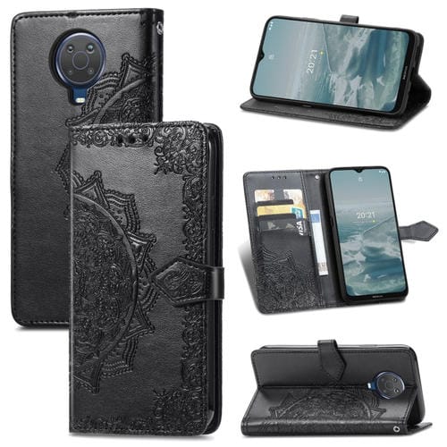 Para Nokia 6.3 Mandala Patrón de estampado en relieve Funda de cuero con soporte y ranuras para tarjetas y billetera y cordón (negro)