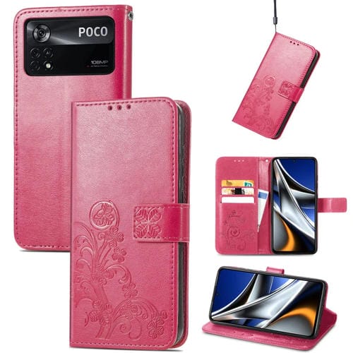 Para Xiaomi Poco X4 Pro 5G Estuche para teléfono de cuero con hebilla en relieve con cierre de cuatro hojas (Magenta)