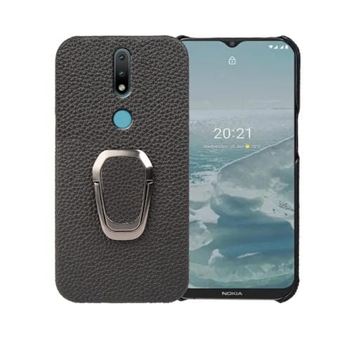 Para Nokia 2.4 Ring Holder Litchi Texture Funda de teléfono de cuero genuino (Negro)