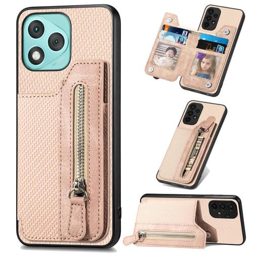 Funda de teléfono con tapa horizontal y cremallera de fibra de carbono para Honor 400 Lite (caqui)