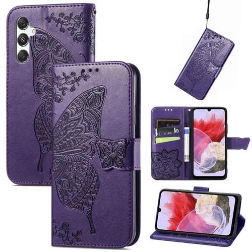 Funda para Teléfono Samsung Galaxy M34 5G Cuero Relieve Flor de Amor y Mariposa (Púrpura Oscuro)
