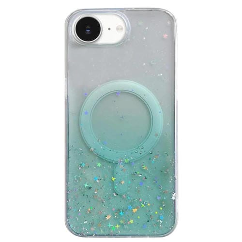 Funda híbrida de TPU transparente con purpurina MagSafe para iPhone 16e (verde)